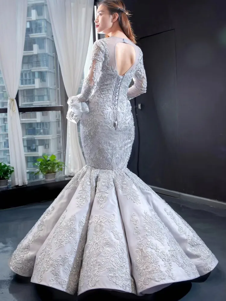 DD JYOY Long Sleeve Mermaid Evening Dress 2020 Lace Long Formal Women Evening Gown O Neck Grey Gold Colors Lace Up Back