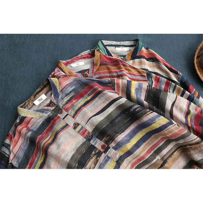 

Spring Autumn Arts Style Women Long Sleeve Loose Shirts Stand Collar Vintage Striped Casual Blouses Femme Tops Plus Size M314