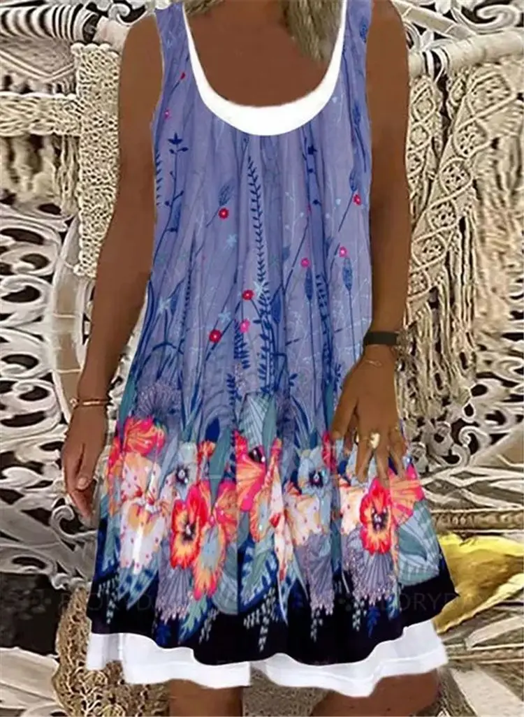 

2021 Summer Women Vest Dress Printing Sleeveless Fake Two Piece Dresses Plus Size 3XL Female Boho Loose Dress Vestido Sundress