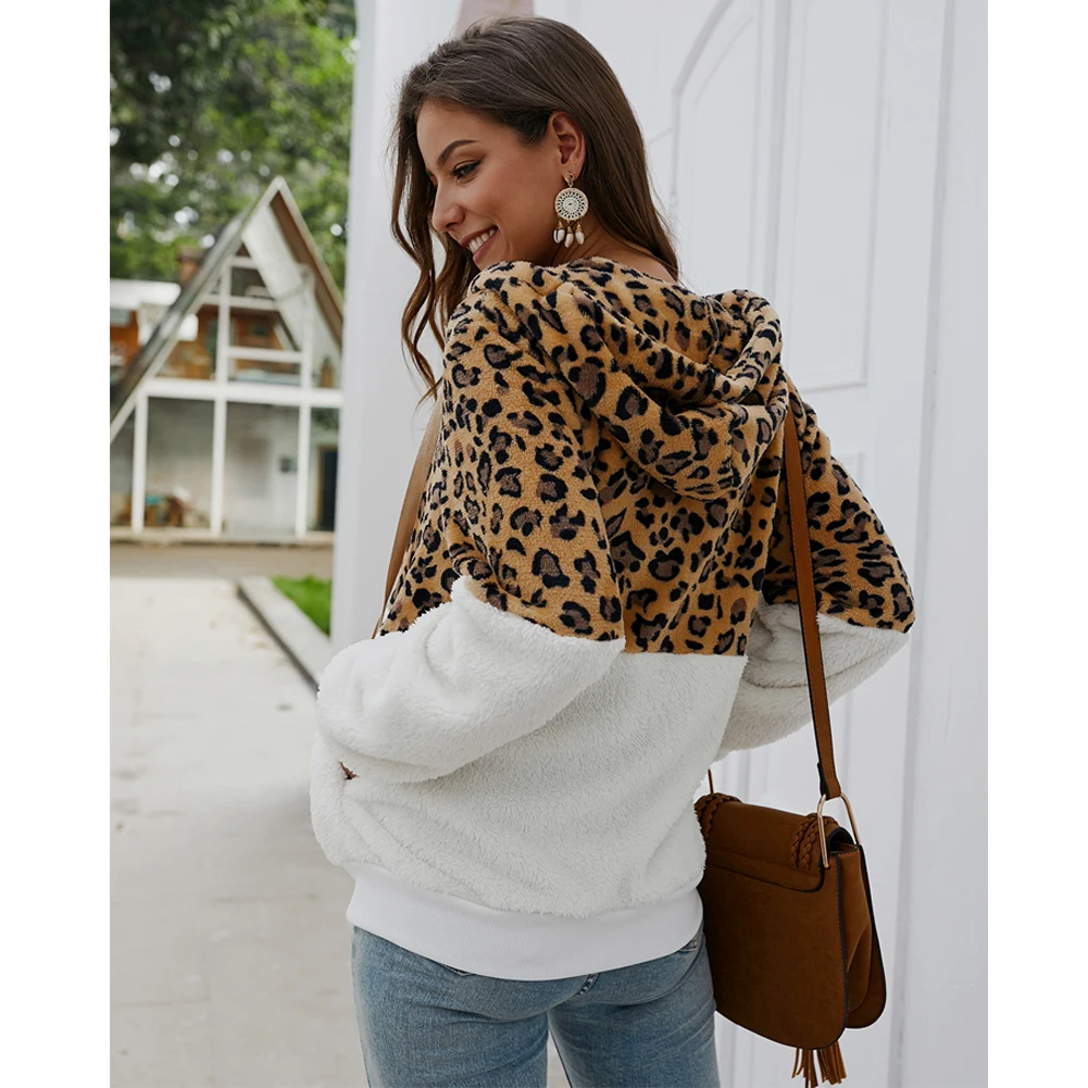 

Women's Leopard Teddy Bear Fleece Coat Ladies Jacket Sweater Hooded Overcoat