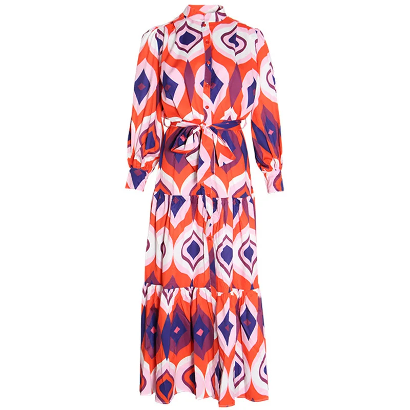 Праздничное бохо платье женское стоячий воротник фонарь рукав Геометрическая