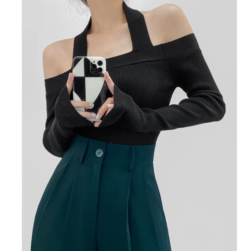 

Sexy Off Shoulder Women Halter Sweater 2021 Autumn Long Sleeve Slim Women Cropped Knitted Tops Chic Lady Solid Knitwear