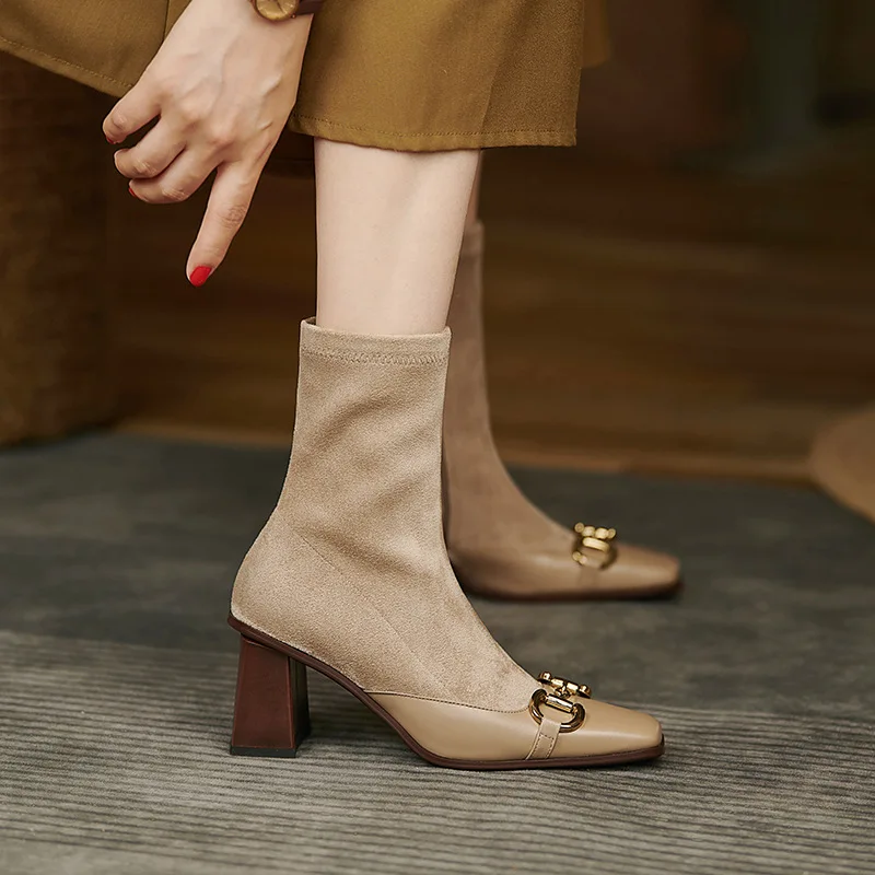 

Женские эластичные ботинки во французском стиле, Универсальные ботинки на толстом высоком каблуке, с квадратным носком, с металлической пр...