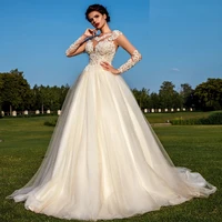 modern aline long wedding dresses tulle appliqued illusion lace engagement bridal party bride gowns robe de mari%c3%a9e custom made