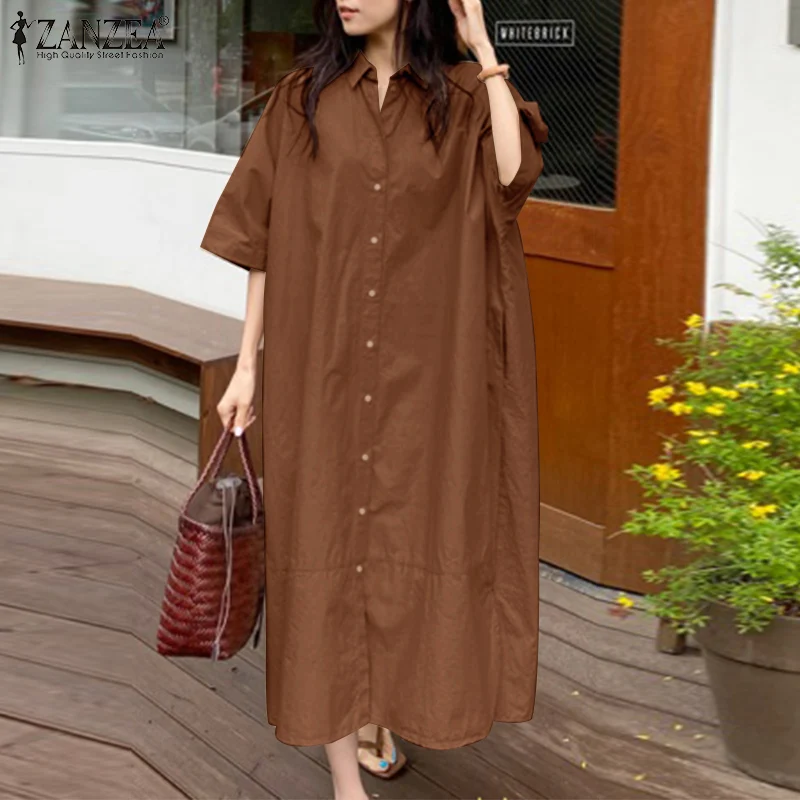 

Oversized ZANZEA Women Sundress Summer Lapel Neck Short Sleeve Shirt Dress Loose Casual Baggy Solid Midi Vestidos Robe Femme