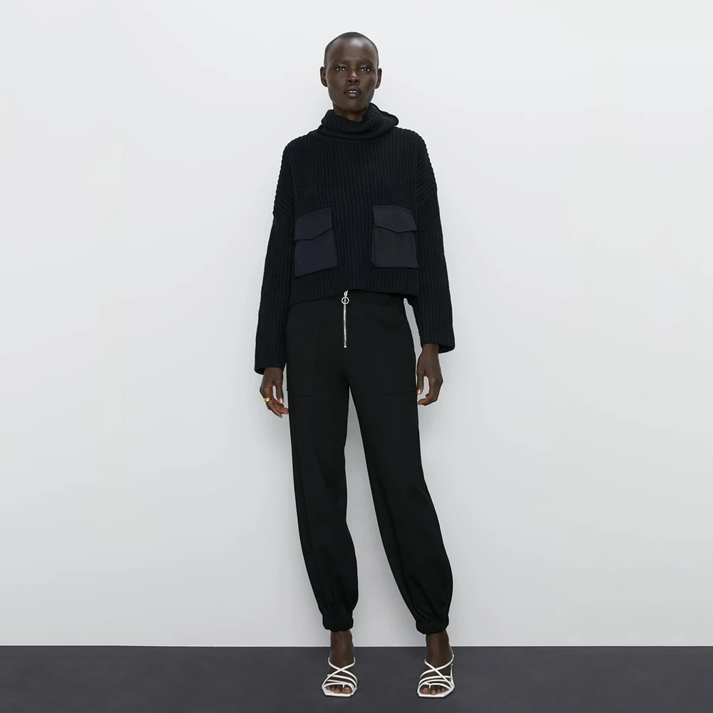 Новый Однотонный свитер ZA для женщин модный контрастный сшитый карман длинный