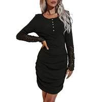 women ruched sheath dress adults sexy solid color round neck lace sleeve dress