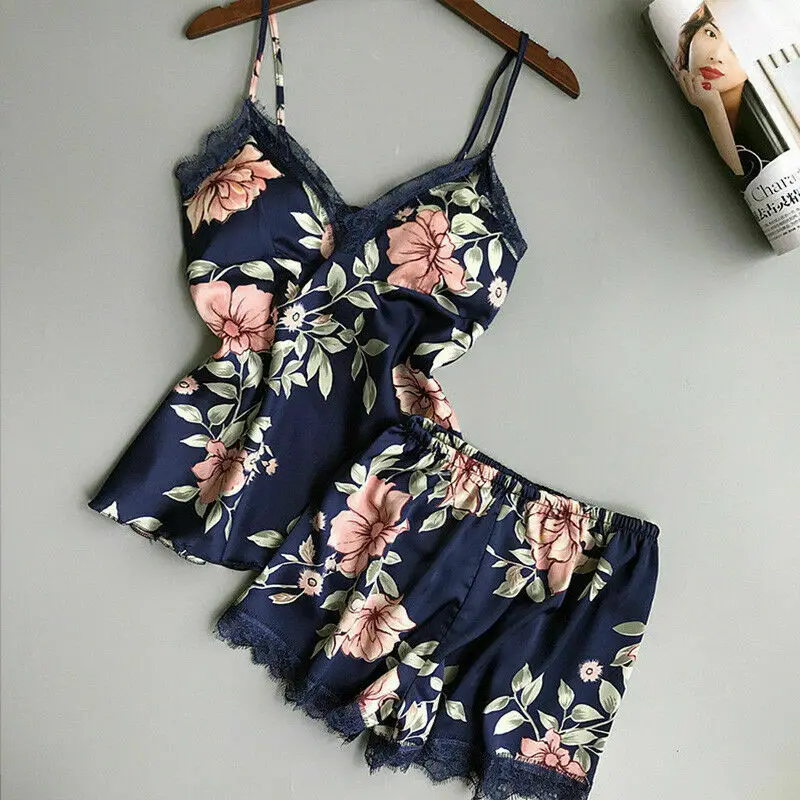 Pink Pajama Set Printed Floral Sleepwear Pijama Sexy Lace Womens Clothing V-neck Nightwear Pyjamas Short Plus Size 2020 | Женская одежда