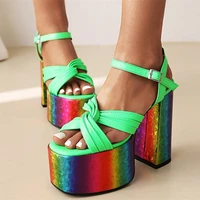 cross tied rainbow color platform chunky high heel sandals party street fashion heel summer shoes buckle strap
