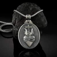 mens catholic religious pendant chain necklace christian jesus sacred heart medal round cross pendant necklace