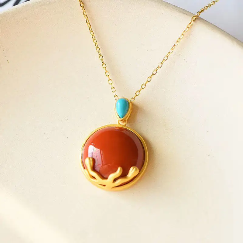 

New silver inlaid natural Hetian Chalcedony pendant necklace Chinese style retro unique sand gold craft women's brand jewelry