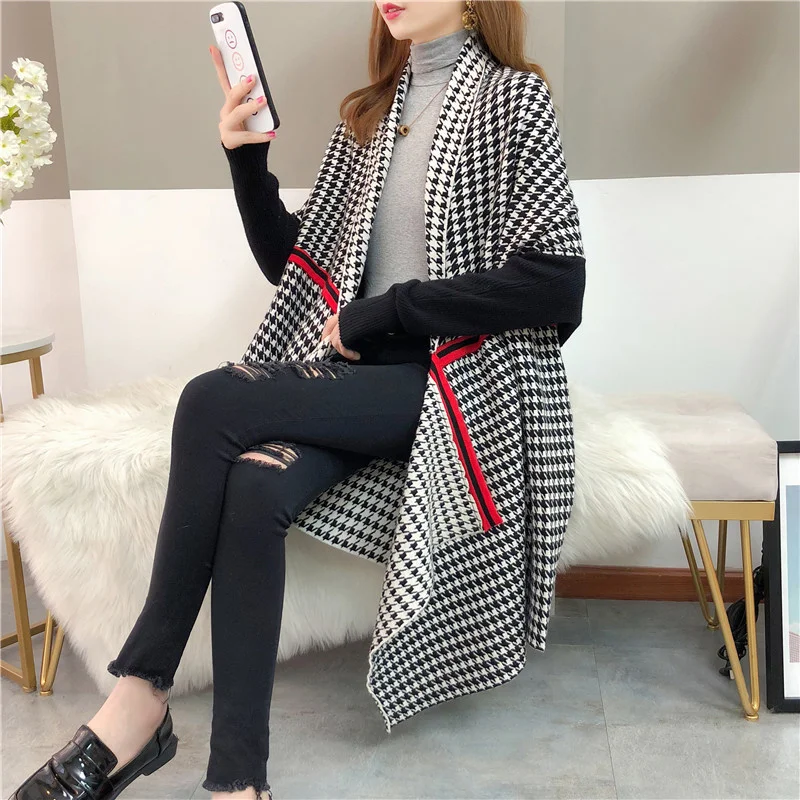 

New Knitted Wool Temperament Cardigan Women Thousand Bird Grid Stripes Shawl Poncho Cape Irregular Cloak Korean Version