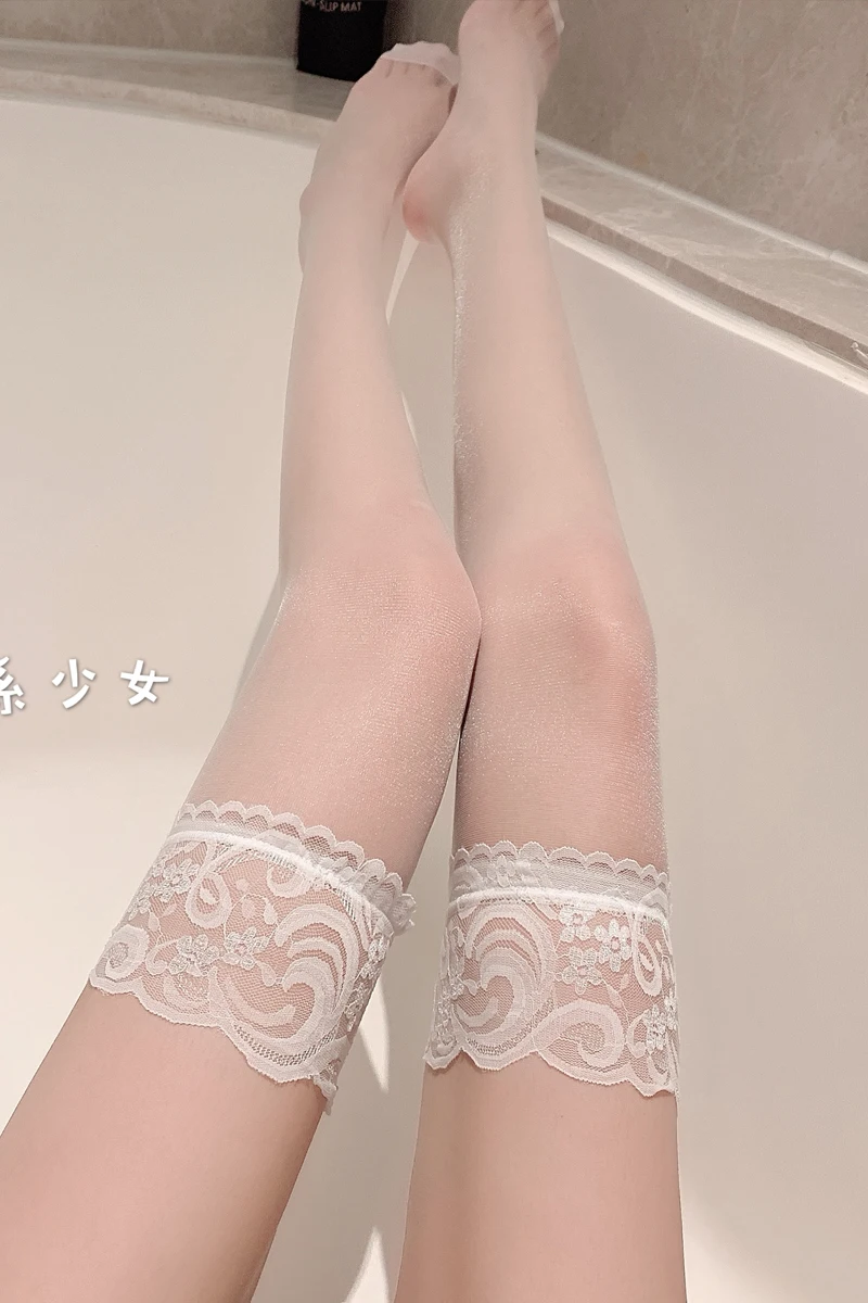 

Lace side high tube white stockings women's autumn and winter sexy thin bottomed socks anti snagging over knee stockings