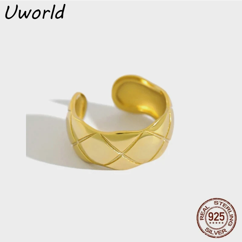 

18K Gold Filled 925 Sterling Silver Ring Diamond Check Silver Open Ring for Women INS Gold & rhodium Jewelry