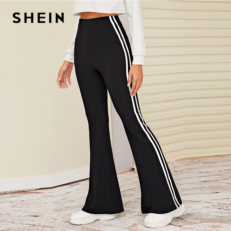 SHEIN, черные полосатые эластичные штаны с боками, женские штаны, осень, одежда для активного отдыха, высокая талия, Женские повседневные длинные брюки