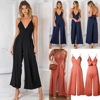 2021 summer new fashion women jumpsuit sleeveless solid loose long playsuit casual v neck bandage backless jumpsuit pants