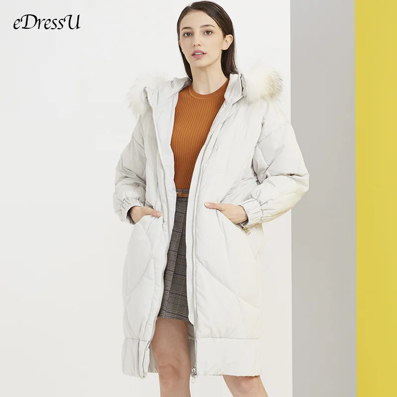 

Белый гусиный пух, женский пуховик, высокое качество, Длинная зимняя куртка с меховым капюшоном, большой пуховик, серая Повседневная Верхня...