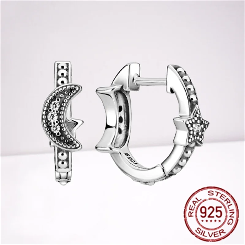 

2020 New 925 Sterling Silver Sparkling Crescent Moon & Stars Beaded Hoop Earrings Women Jewelry Gift for women Luxury