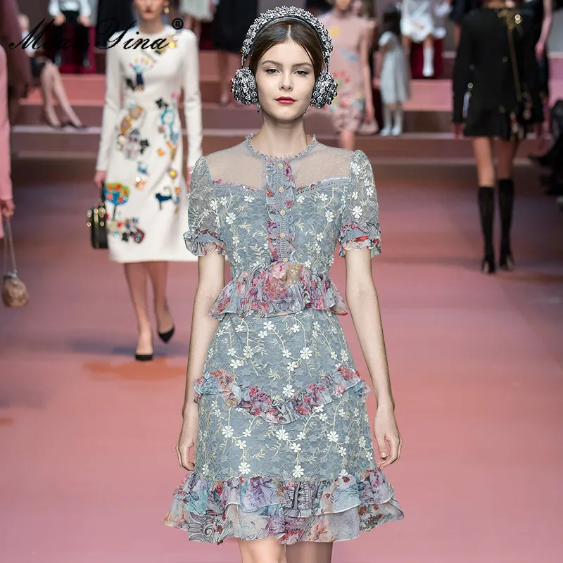 

Женское модельное винтажное праздничное платье Вечерние короткое Сетчатое платье с круглым вырезом, коротким рукавом и оборками с вышивко...