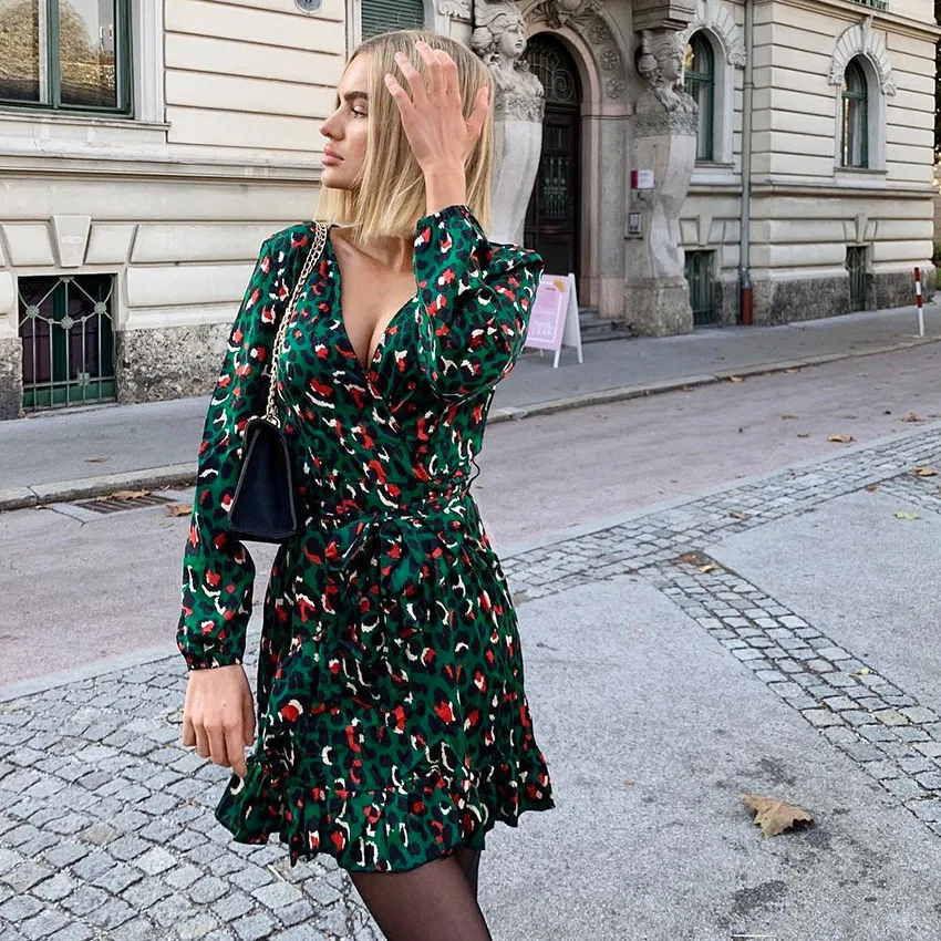 Vintage 2019 Leopard Print Party Dresses V Neck Polka Dot Dress Women Long Sleeve Club Mini Female Vestidos | Женская одежда