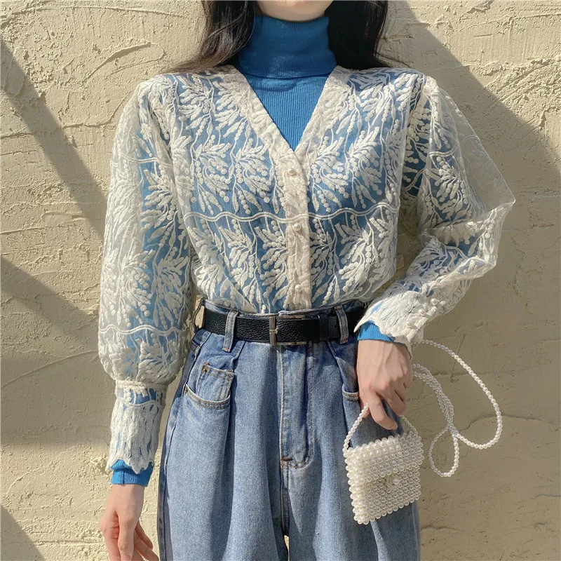 Кружевная блузка осенний стиль Базовая рубашка 2020 новый корейский Свободный