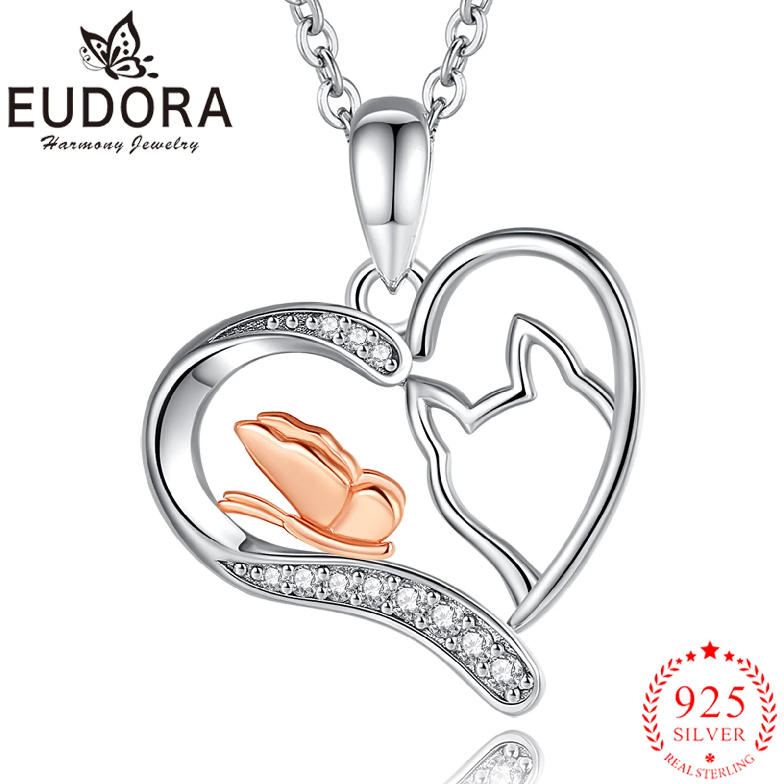 

Eudora Real 925 Sterling Silver Cat And Rose Gold Butterfly Necklace Heart Clean AAA CZ pendant Fine Jewelry For Women cyd698