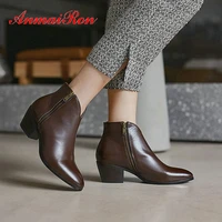 anmairon 2020 genuine leather ankle boots for women basic round toe spike heels boots women zip short plush black boots 34 39