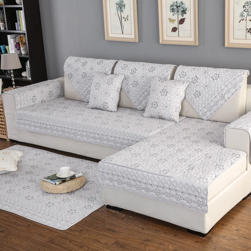 

Sofa Cover Cotton Embroidered Couch Cushion White Gray Color Couches Covers For Living Room L 3 Seater Shaped Sofas Protector