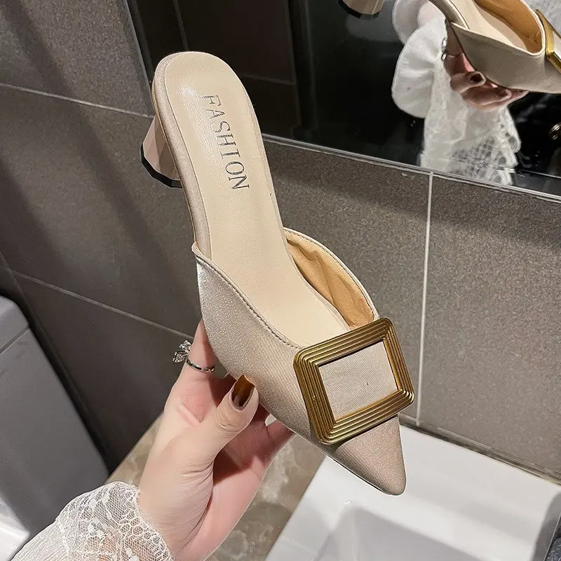 

Shallow Cover Toe Square heel High-Heeled Shoes Lady Mules For Women 2021 Slippers Soft Low Slides Pantofle Fashion Block Comfor