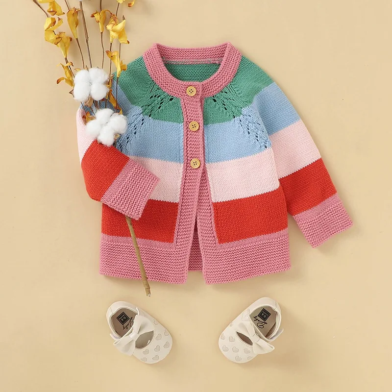 

Toddler Girl Sweater Clothes Winter Warm Kids Casual Sweater Baby Girl Rainbow Striped Print Cotton Knitted Outerwear Clothes