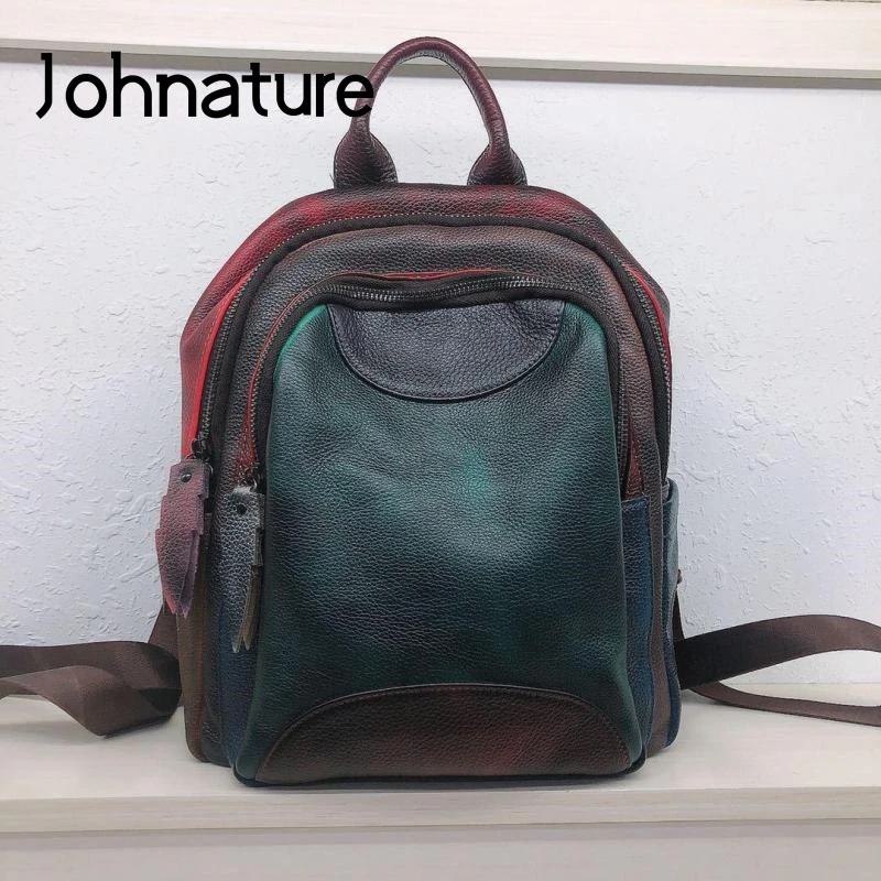 

Женский рюкзак из натуральной кожи Johnature, повседневный вместительный рюкзак из воловьей кожи с первым слоем и прострочкой случайных цветов,...