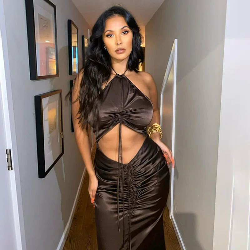 

Sexy Lace Up Halter Satin Maxi Dress Women Summer 2021 Fashion Vacation Elegant Party Club Drawstring Bandage Backless Dresses