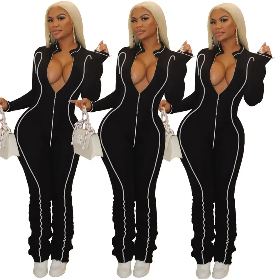 

Women Jumpsuit White Striped Patchwork Sporty Stacked Rompers Deep V Neck Full Sleeve Ruched Streetwear Zipper Bodycon Bodysuits
