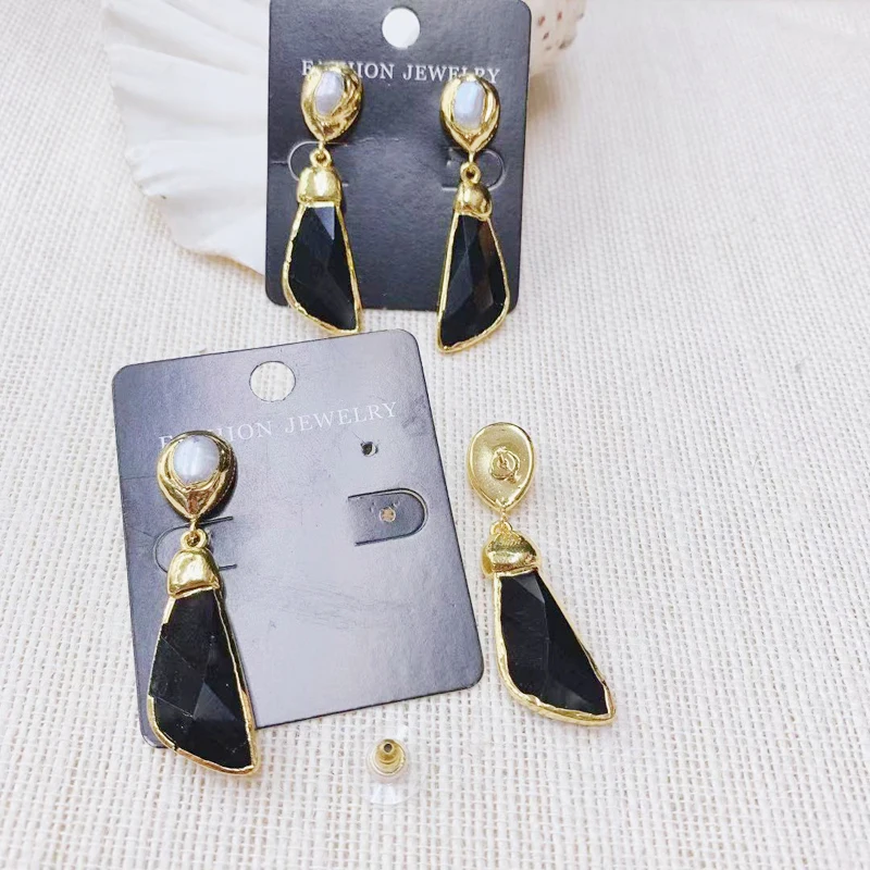 

24k серьги с золотым жемчугом, натуральный черный агат, геометрические жемчужные женские серьги 2020 новый стиль, оптовая продажа сережек, пода...