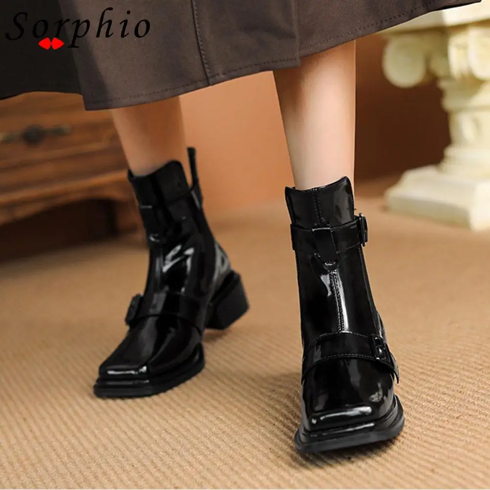 

Female Chelsea Boots Patent Leather Sqaure Toe Ankle Boots For Women 2021 Popular Hot Sale Chunky Flats Heel Shoes Woman New