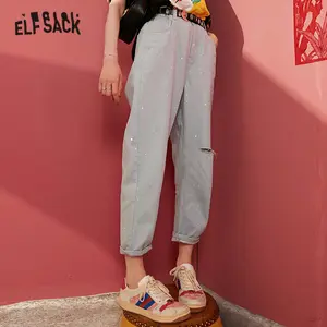 Женские прямые потертые джинсы ELFSACK, синие однотонные рваные джинсы с блестками, новинка весны 2020, яркие корейские дамские штаны для ежедневной носки
