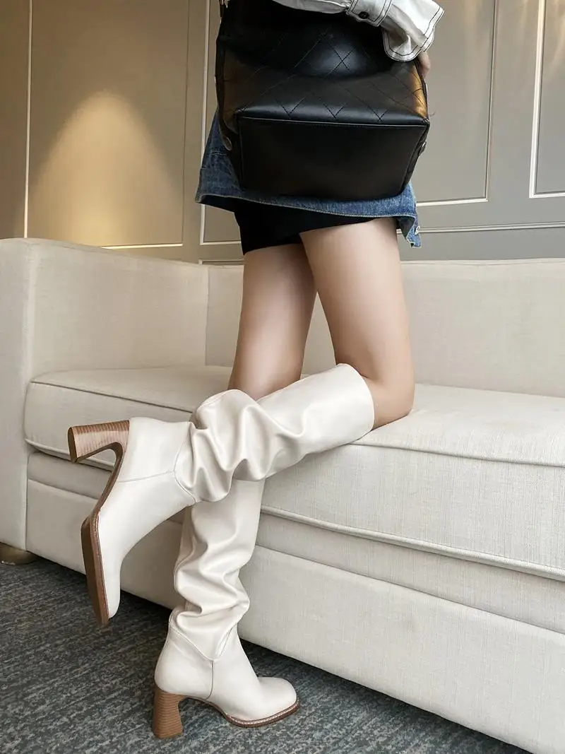 Smirnova 2020 Fashion brand women boots thick high heels knee Pleated solid color autumn western | Обувь