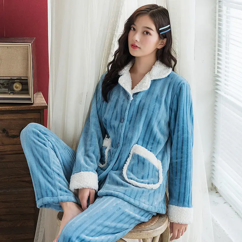

QWEEK Winter Women's Pajamas Solid Color Flannel Long Sleeve Trousers Pajamas Two Piece Sets Home Clothes Pijamas Pyjamas Cute