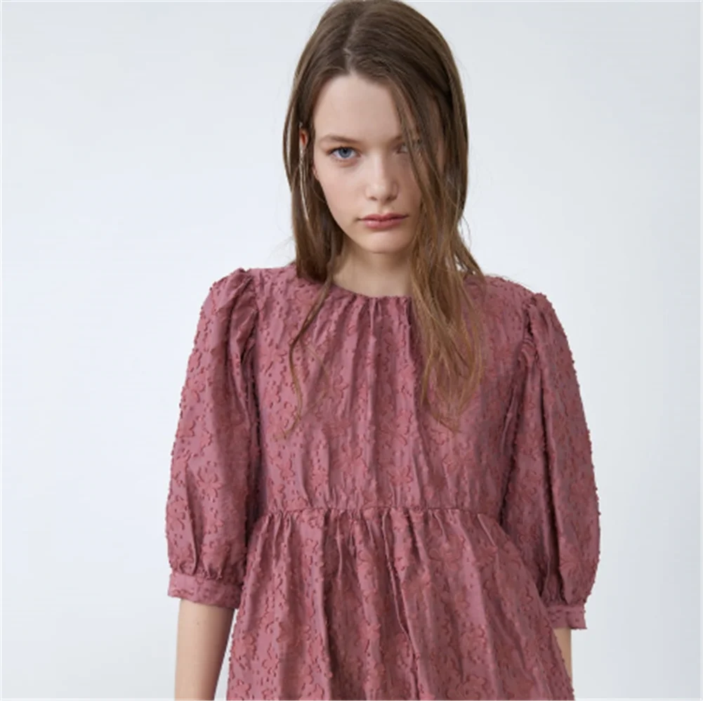 2020 ZA Spring New Ladies Dress Fashion Textured Loose Boho Women's Round Neck Short Sleeve Party Gift Wholesale | Женская одежда