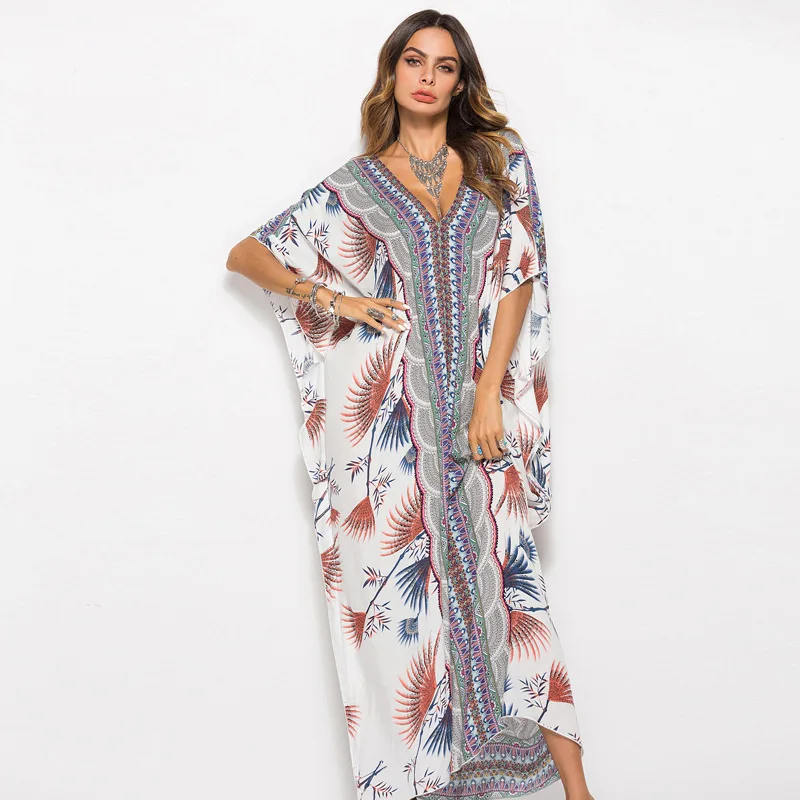 

new summer sexy women's dress 2021 ladies vintage print dresses European American fashion bat sleeve casual loose robe woman