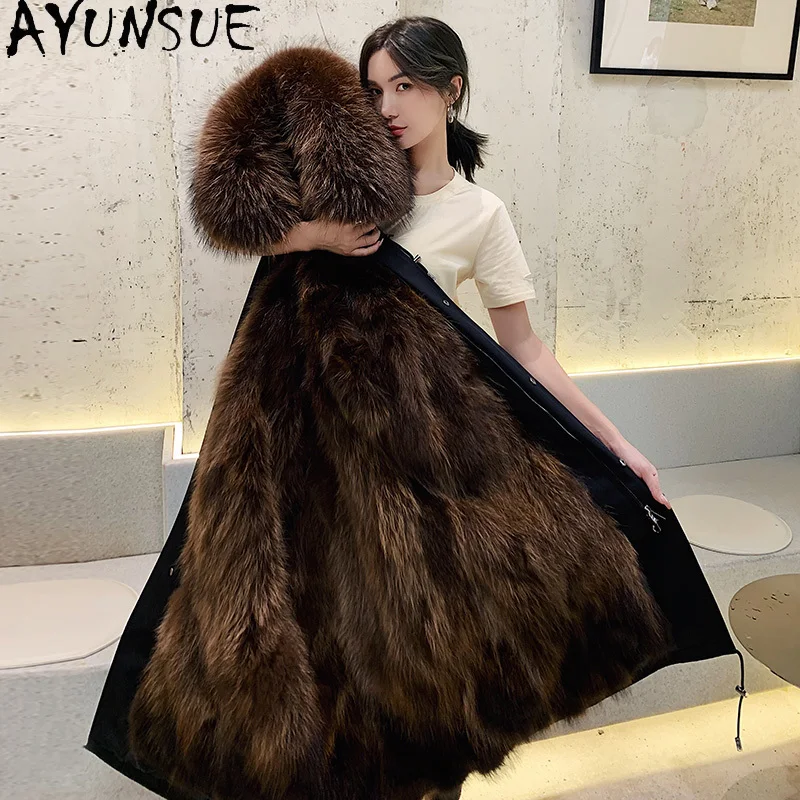 

AYUNSUE/женское пальто с натуральным мехом енота, женские парки, зимняя одежда 2020, женское роскошное теплое пальто с меховым воротником 208