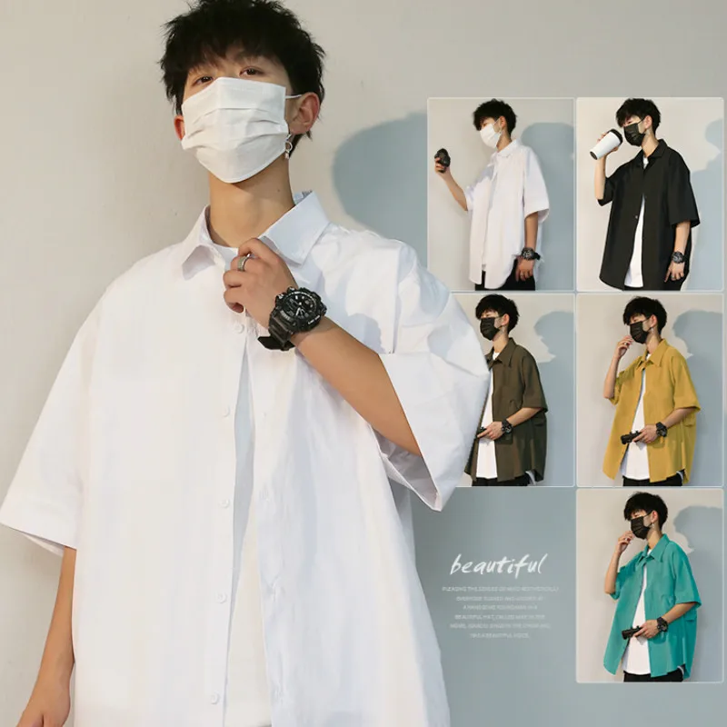 

Белые хлопковые рубашки Harajuku, японские Свободные большие уличные повседневные рубашки на пуговицах, мужская одежда DB60SH