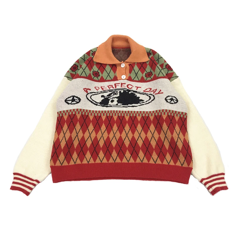 Playful Cartoon Puppy Jacquard Pullover Autumn Fashion Women's Contrast Rhombus Plaid Lapel Knit Warm Sweater | Женская одежда