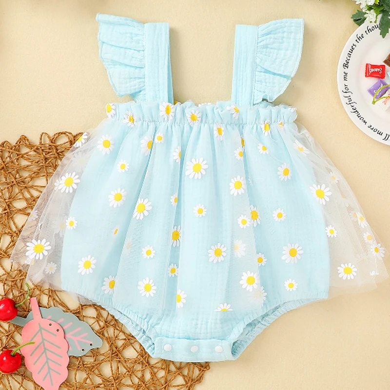 

Baby Girl\u2019s Casual Sleeveless square collar Romper Fashion Daisy Printed Mesh Yarn Stitching Ruffles Short Jumpsuits