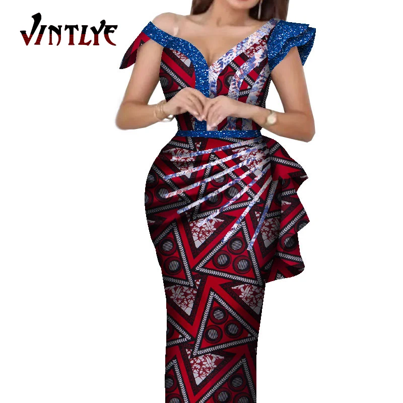 

Summer African Dress for Women Sexy Elegant Robe Africaine Femme Floral Print Halter Dresses Lady Evening Gowns Plus Size WY242