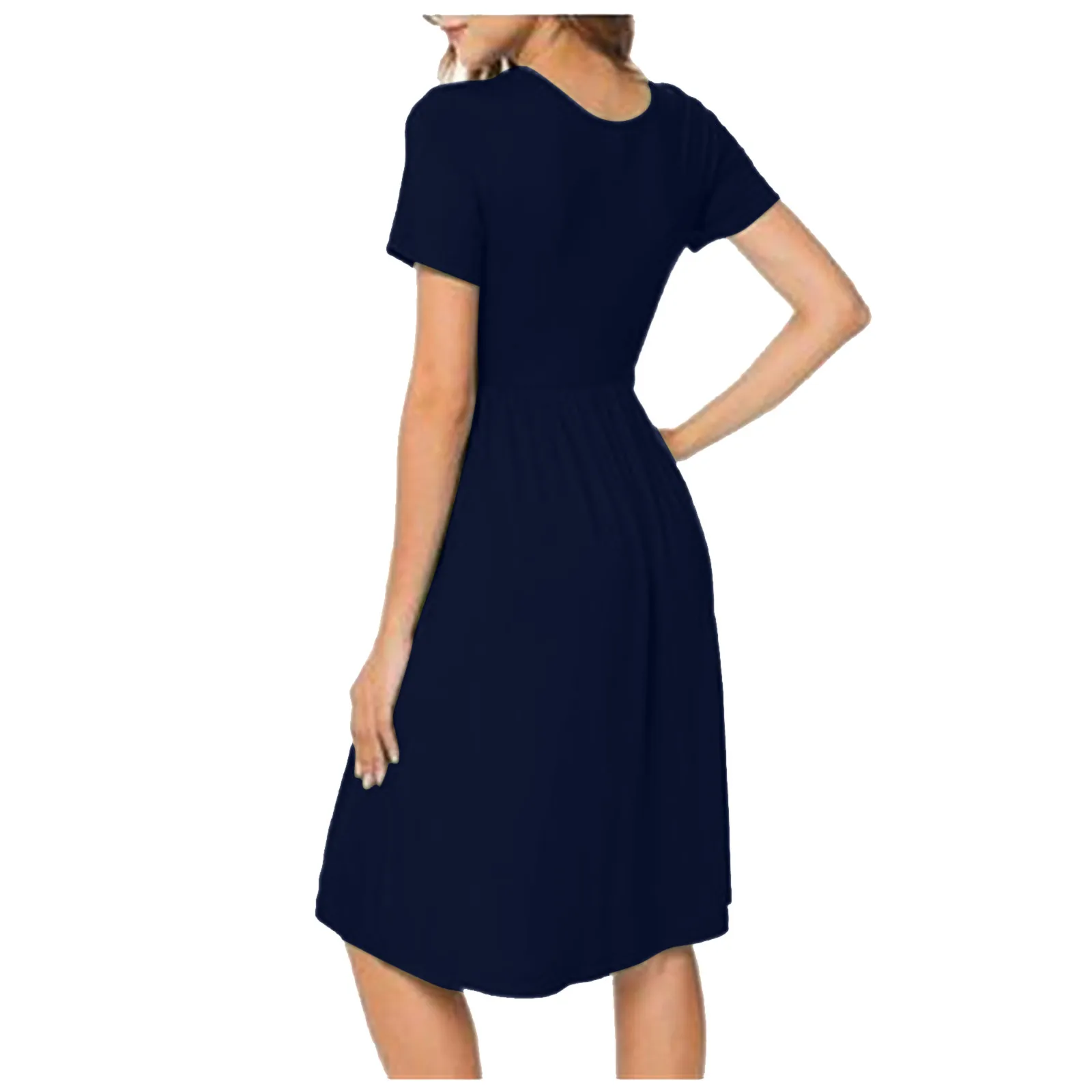 

40# Women Pleated A Line Dress Casual Short Sleeve Summer Dress 2021 With Pockets Solid Color Knee Length Dress Vestido De Mujer