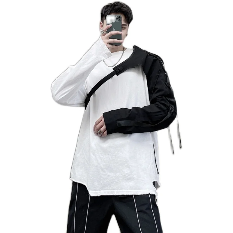 

Male Streetwear Punk Gothic Waistcoat Men Unilateral Sleeve Casual Vest Jacket Stage Fashion Show Clothing