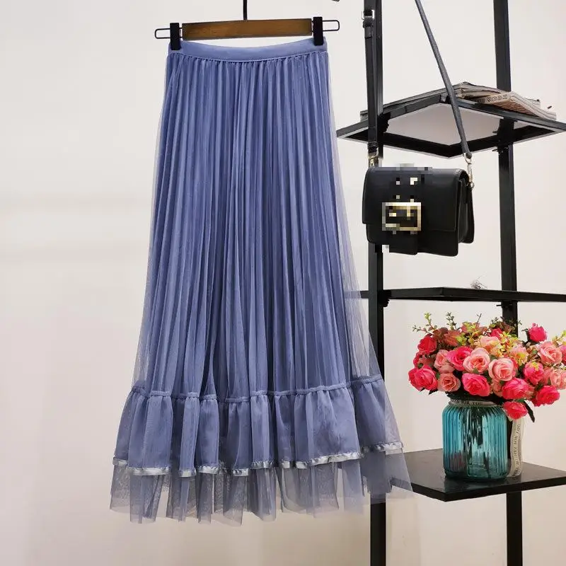 

2020 Autumn & Winter New Women Simple High Waist Slim Pleated Skirt Gold Velvet Mesh Mid-length A-line Long Skirt Free Shipping