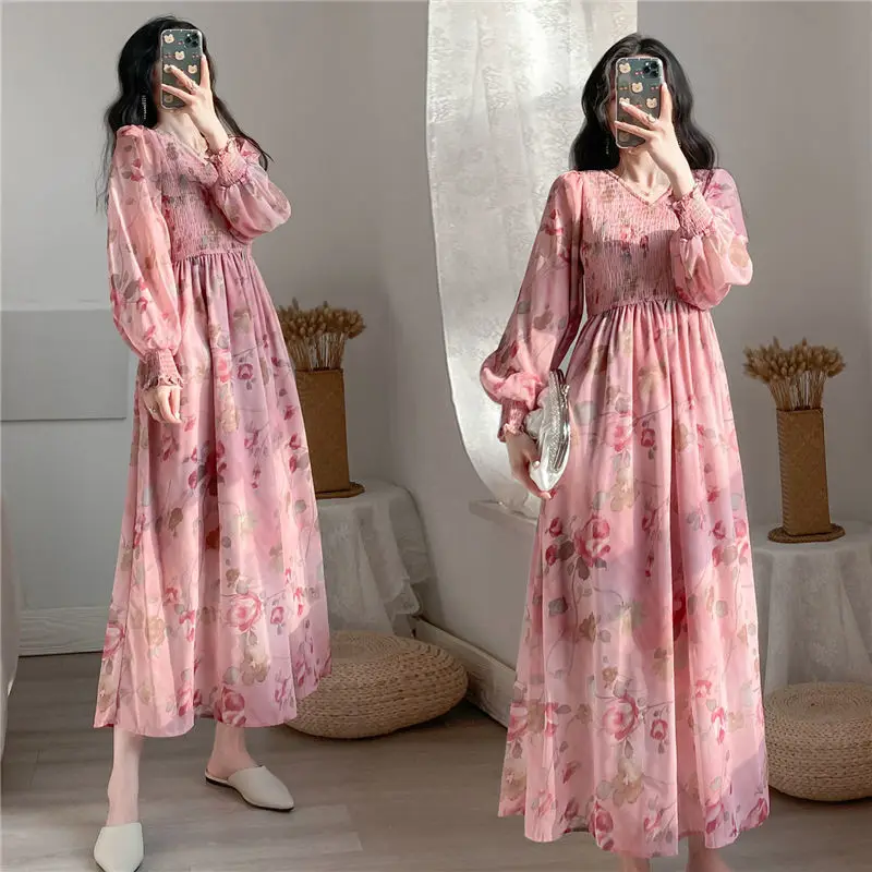 

2021 New Spring Autumn Elegant Chiffon Floral Women Dresses Sexy V-neck Full Sleeve Female Mid Long Dresses Plus Size 4XL Y480