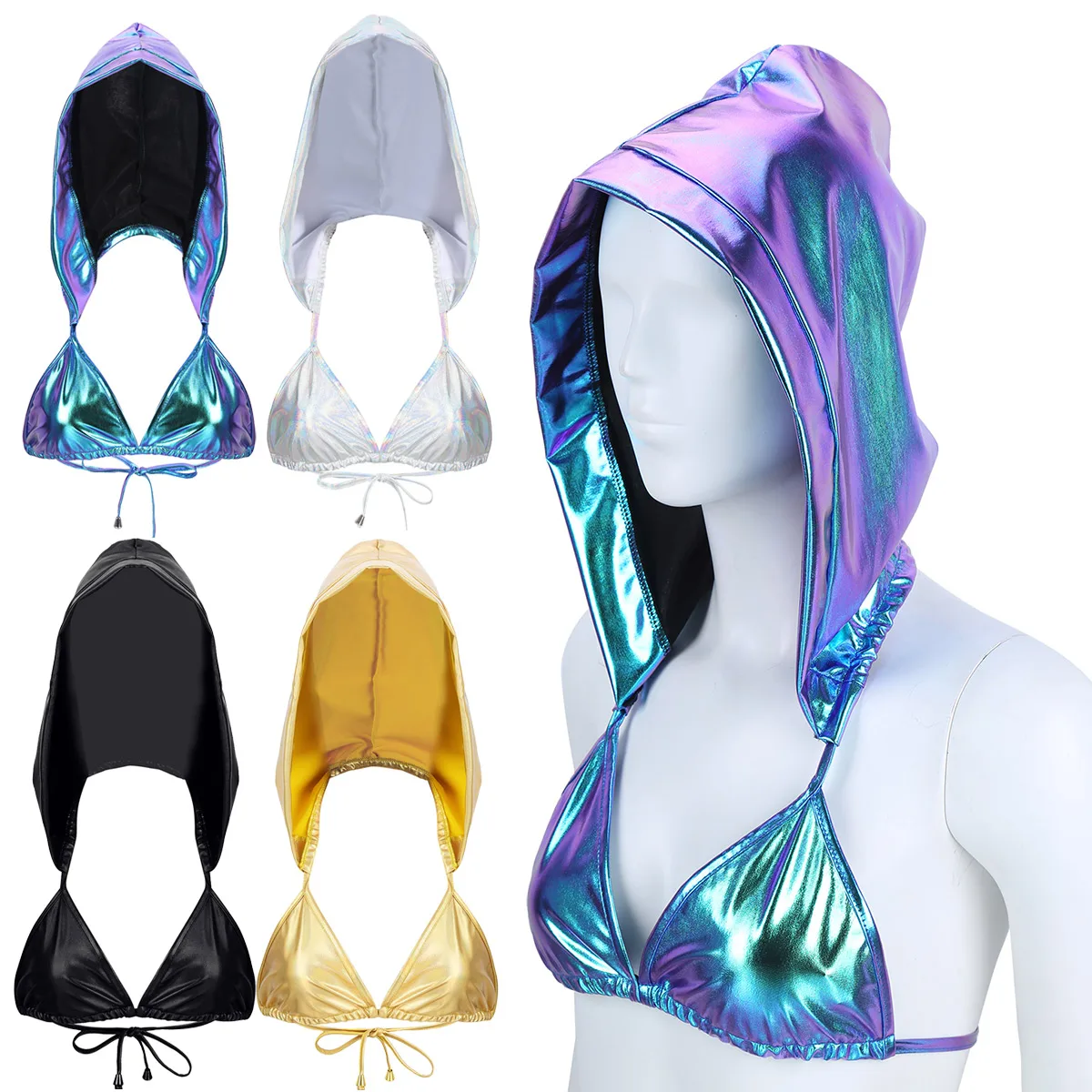 Женский Блестящий металлический бикини с глубоким V-образным вырезом и открытой